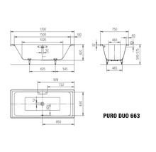 Technický nákres vane Puro Duo 663 s rozmermi
