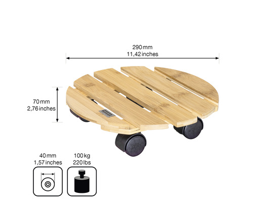 Podstavec na kolieskach z bambusu s rozmermi 290 x 70 mm a nosnosťou 100 kg