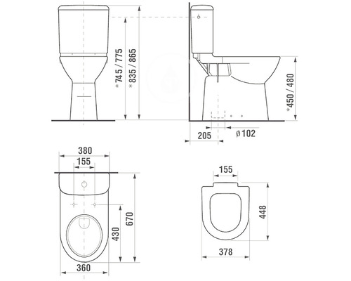 Technický nákres stojaceho WC s rozmermi