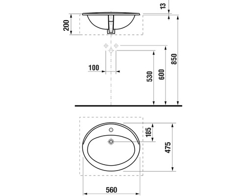Technický nákres umývadla s rozmermi