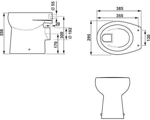 Technický výkres stojaceho WC s rozmermi