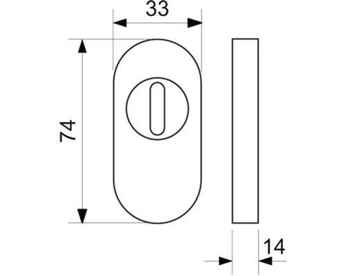 Technický nákres otočného gombíka s rozmermi 74 x 33 x 14 mm.