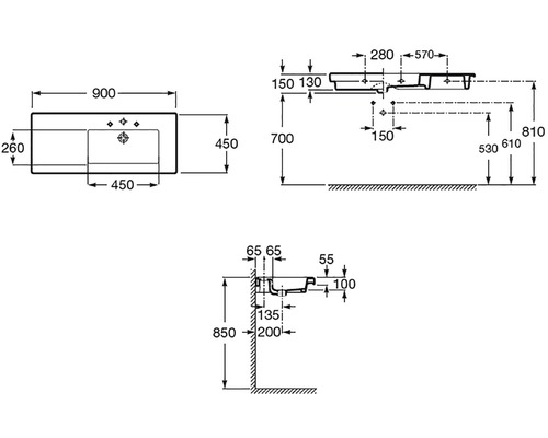 Technický nákres umývadla s rozmermi