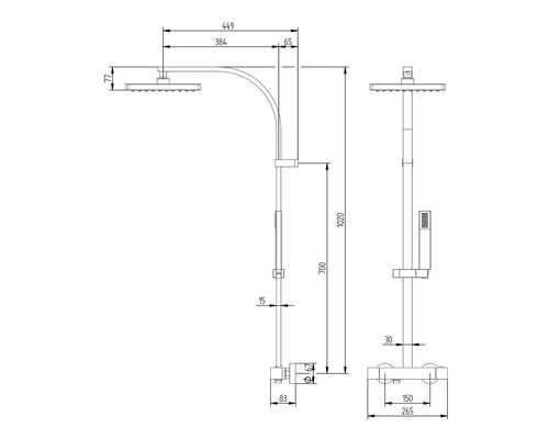 Technický nákres sprchovej batérie s rozmermi