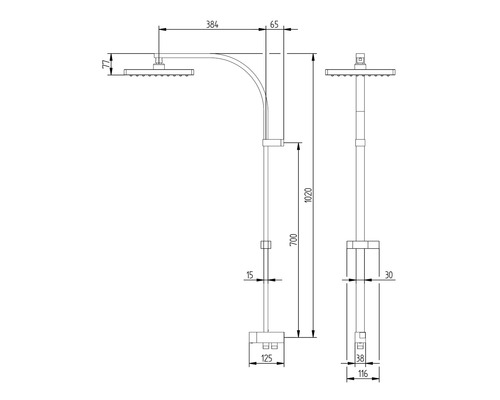 Technický nákres sprchového stĺpu s rozmermi