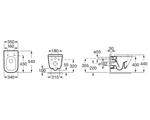 Technický nákres závesného WC s rozmermi.