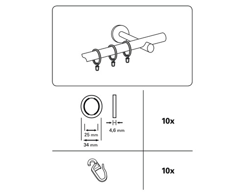Krúžky na záclonové tyče s klipom, 10 kusov