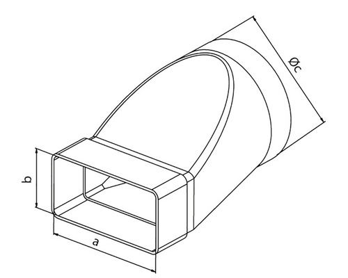 Technický nákres prechodového kusa z obdĺžnikového na kruhový pre ventilačné systémy s rozmermi