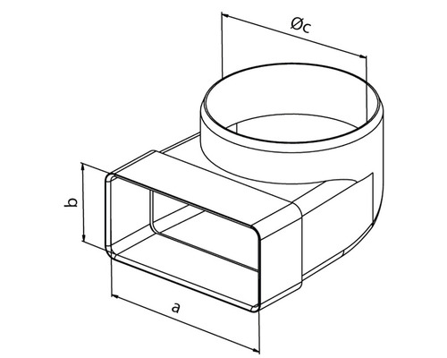 Technický nákres obdĺžnikového až kruhového kanálového prechodu s rozmermi