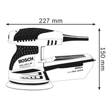 Obrázok excentrickej brúsky Bosch GEX 125-1 AE Professional s rozmermi dĺžka 227 mm a výška 150 mm