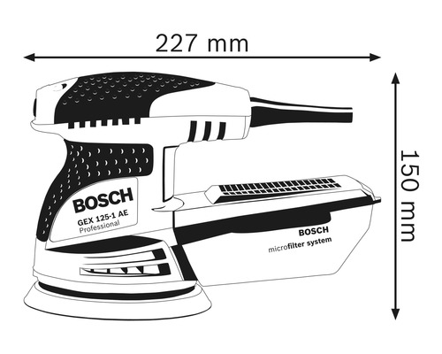 Obrázok excentrickej brúsky Bosch GEX 125-1 AE Professional s rozmermi dĺžka 227 mm a výška 150 mm