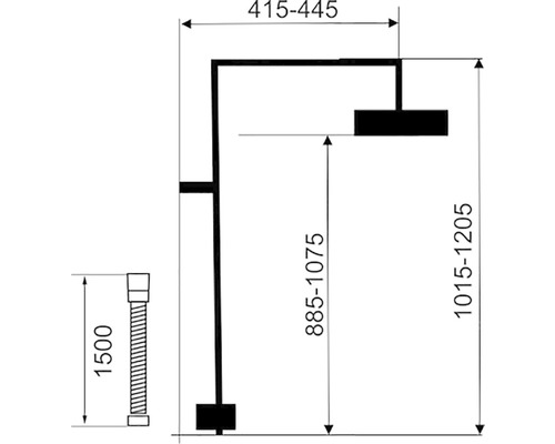 Technický nákres sprchovej armatúry s rozmermi