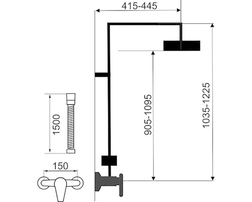 Rozmerový nákres sprchovej armatúry s hlavovou sprchou a sprchovou hadicou