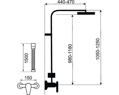 Technický nákres sprchovej batérie s rozmermi