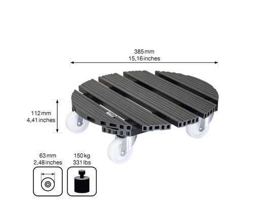 Kvetinový vozík z plastu s kolieskami, priemer 385 milimetrov, nosnosť 150 kilogramov