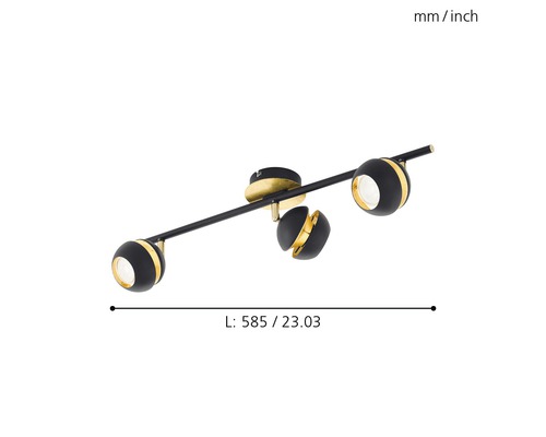 Stropné svietidlo s tromi reflektormi, otočné, dĺžka 585 milimetrov