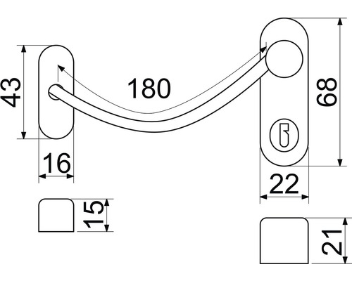 Technický nákres okenné kľučky s rozmermi