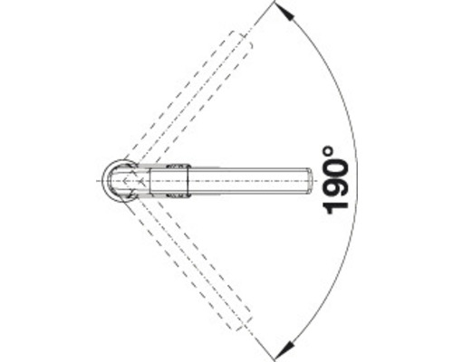 Ilustrácia dverovej kľučky s rozsahom otáčania 190 stupňov.