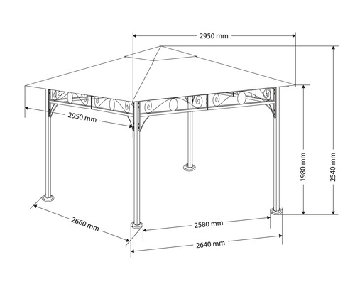 Technický nákres altánku s rozmermi.