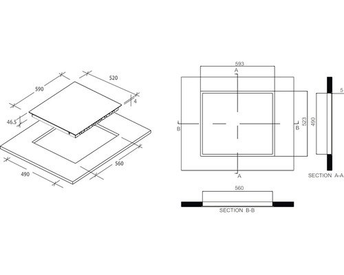 Technický výkres inštalácie varnej dosky s rozmermi
