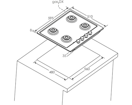 Nákres plynovej varnej dosky s rozmermi pre zabudovanie do pracovnej dosky