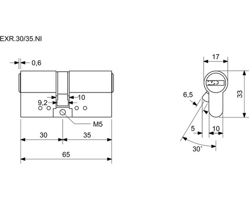 Technický nákres cylindrického zámku s rozmermi