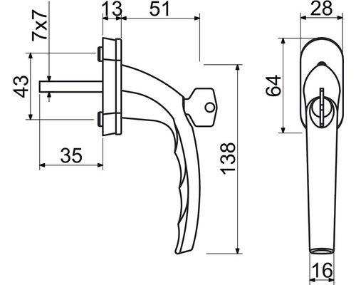 Technický nákres okenné kľučky s rozmermi