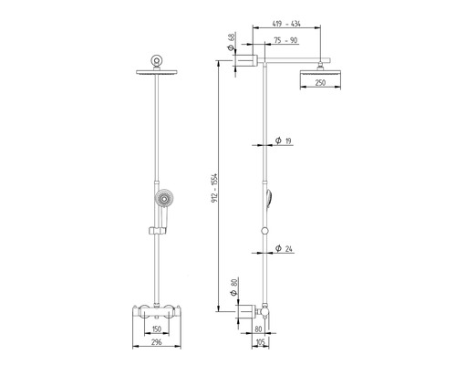 Technický výkres sprchovej batérie s rozmermi