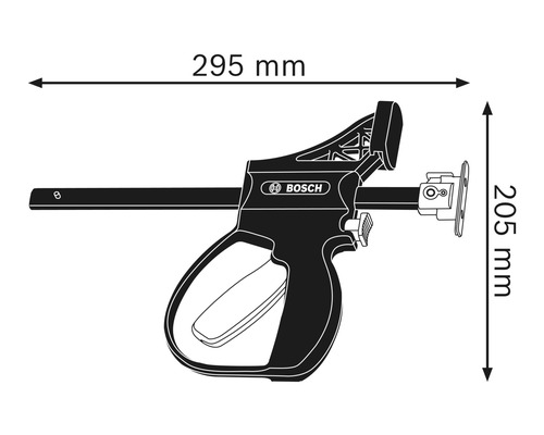 Jednoručná svorka Bosch s rozmermi 295 mm šírky a 205 mm výšky