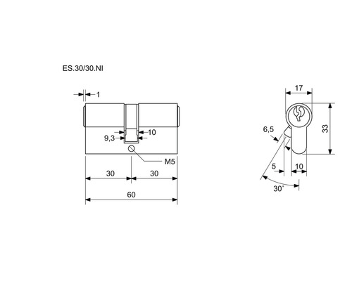 Technický nákres cylindrického zámku s rozmermi
