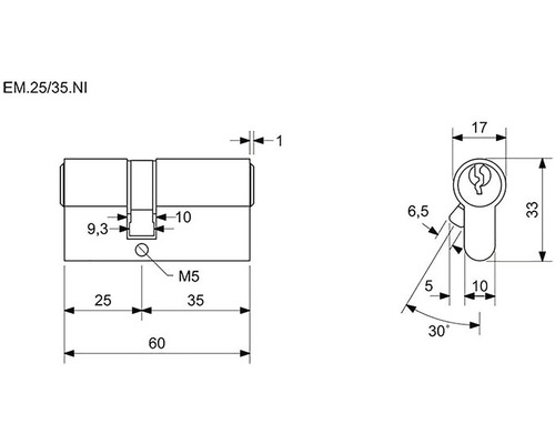Technický nákres cylindrického zámku s rozmermi