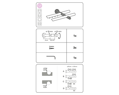 Montážny návod pre kúpeľňový výrobok s priemerom 25 milimetrov.