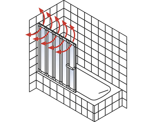 Kúpeľňa s vaňou a sprchovou zástenou so šípkami ventilácie