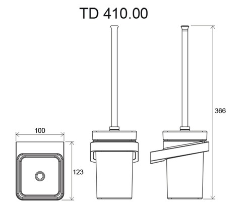 Technický výkres WC súpravy s rozmermi 100, 123 a 366 milimetrov