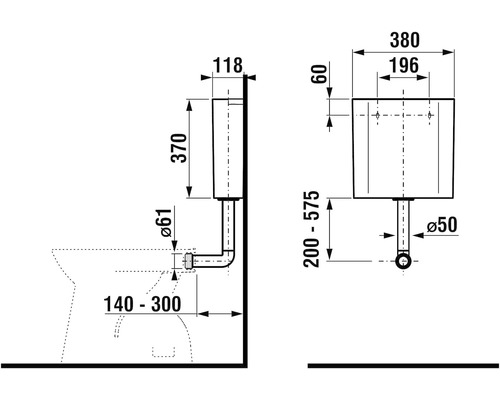 Technický nákres predstenového modulu pre WC s rozmermi