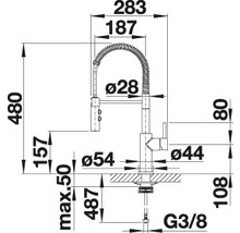 Rozmerový nákres kuchynskej batérie s rozmermi 283, 187, 480, 157, maximálne 50, 487, 108, 80, priemer 28, priemer 54, priemer 44 a G3/8