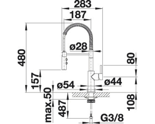Rozmerový nákres kuchynskej batérie s rozmermi 283, 187, 480, 157, maximálne 50, 487, 108, 80, priemer 28, priemer 54, priemer 44 a G3/8