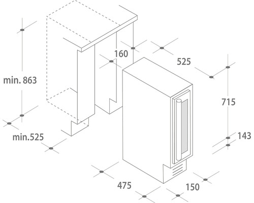 Rozmerový nákres chladničky na víno s príslušnými vstavanými rozmermi
