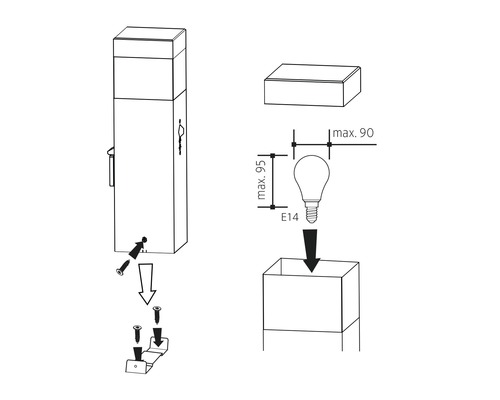Návod na inštaláciu záhradného svietidla s maximálnymi rozmermi 90 krát 95 milimetrov a objímkou E14.