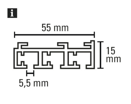 Technický nákres profilu s rozmermi: šírka 55 mm, výška 15 mm a hĺbka 5,5 mm.