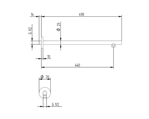 Technický výkres sprchovej tyče s rozmermi