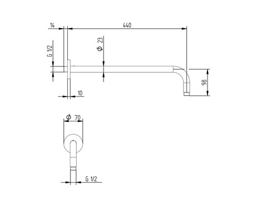Technický nákres nástenného výtoku s rozmermi