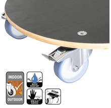 Pojazdná doska s kolieskami a informáciami o použití v interiéri aj exteriéri, vodeodolnosti, protišmykovom povrchu a funkcii zastavenia