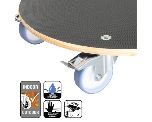 Pojazdná doska s kolieskami a informáciami o použití v interiéri aj exteriéri, vodeodolnosti, protišmykovom povrchu a funkcii zastavenia