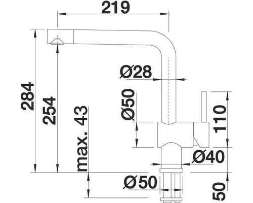 Technický nákres kuchynskej batérie s rozmermi