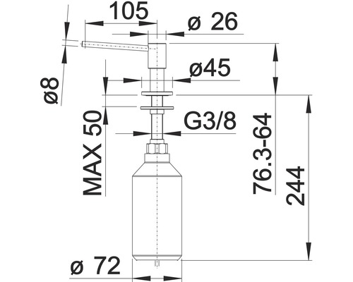 Technický nákres dávkovača mydla s rozmermi