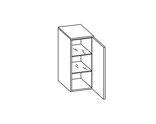 Ilustrácia závesnej skrinky s policami a otvorenými dverami