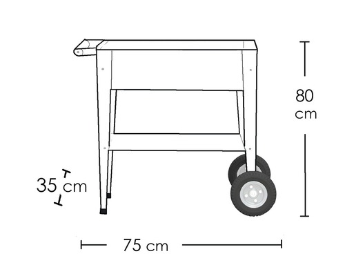 Nákres servírovacieho vozíka s rozmermi 80 x 75 x 35 cm.
