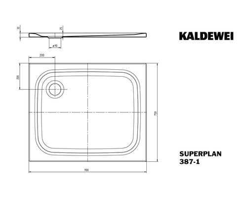 Technický nákres sprchovej vaničky Kaldewei Superplan s rozmermi
