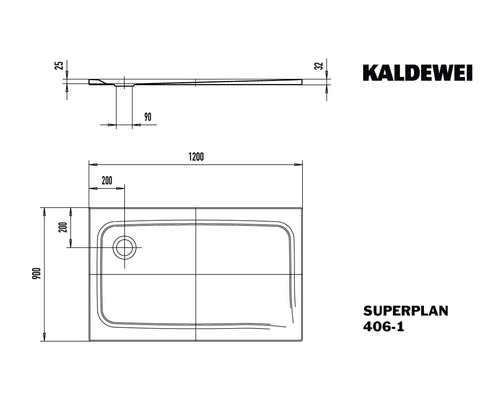 Kaldewei Superplan 406-1 sprchová vanička technický výkres s rozmermi
